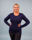 happy, full length image of mother wearing long sleeve blue bamboo top