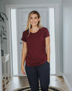 Happy mother wearing a burgandy bamboo t-shirt