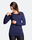 Breastfeeding mother showing the nursing function of a blue long sleeve top